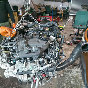 Land Rover engine removed for rebuilding